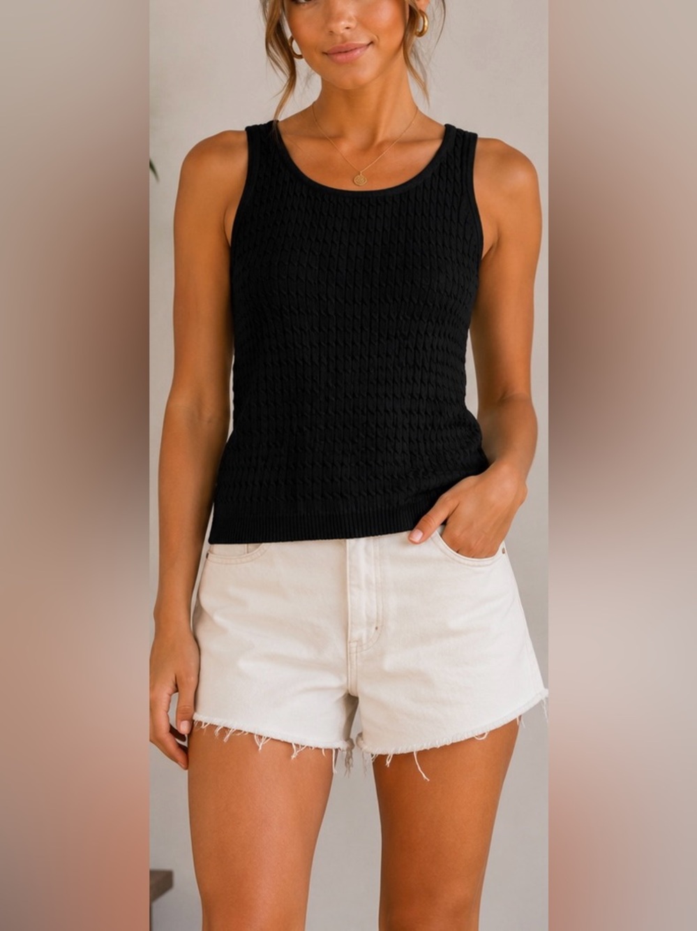 Crystal-Kobe Black Textured Knit Tank Top XL 100% Cotton